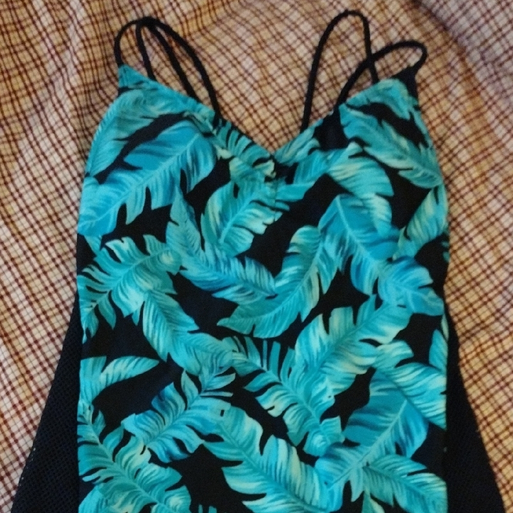 Blue and Black One Piece Swimsuit with Tropical Design